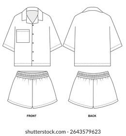 Vector drawing of pajama shirt and shorts, front and back view. Sketch of summer shorts with elastic band and short-sleeved shirt. Blank template of suit shorts and shirt with pocket.