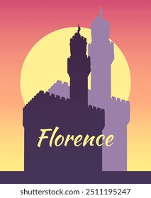 Dibujo de Vector del Palazzo Vecchio en Florencia, Italia. Arquitectura Lugar famoso turístico, destino turístico. Ilustración de silueta de sol de noche dibujada a mano