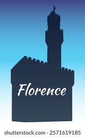 Vector drawing of Palazzo Vecchio in Florence, Italy. Architecture tourism landmark, travel destination. Hand drawn silhouette illustration against blue sky