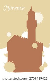 Vector drawing of Palazzo Vecchio in Florence, Italy. Architecture tourism landmark, travel destination. Hand drawn silhouette illustration over loose brush strokes