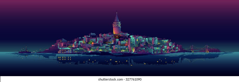 vector drawing panoramic galata tower view istanbul night
