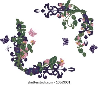 Vector drawing of pansy frame elements with butterflies.