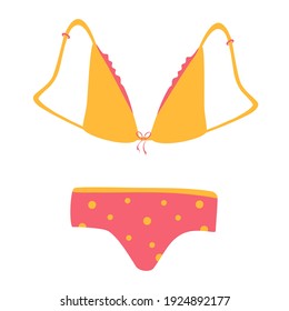 Vector drawing of panties and bras. A set of fashionable women's underwear, a set of underwear. Bikini swimsuit for summer. Sensuality, femininity. Fashion flat sketch template. 