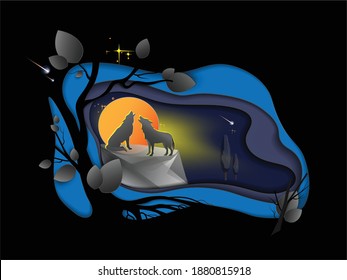 Vector drawing of Paper art of night autumn, spring or summer landscape with wolves howling at the moon, trees and shooting stars. The concept of nature conservation, travel, hunting, other.