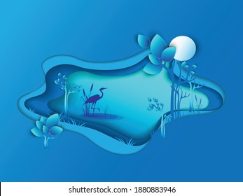 Vector drawing of Paper art of night autumn, spring or summer landscape with a silhouette of heron on a blue background of pond, lake or swamp. The concept of nature conservation, travel, other.
