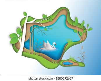 Vector drawing of paper art of , spring or summer landscape with a white swan on a blue background of pond or lake . The concept of nature conservation, travel, other.