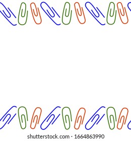 Vector drawing of paper clips on a white isolated background. Set of paper clips, flat, colored, frame for text.