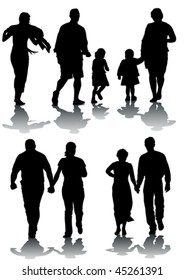 Vector drawing of parents with children. Silhouettes on white background