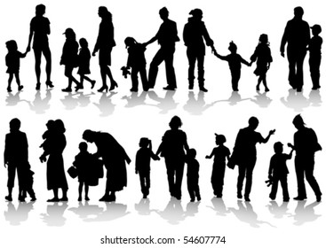 Vector drawing parents and children. Silhouettes of people