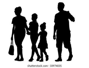Vector drawing of parents with young children to walk