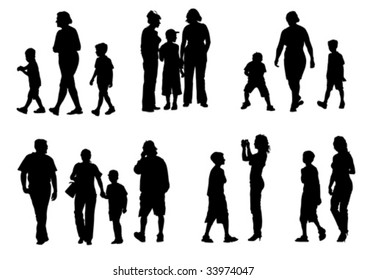 Vector drawing of parents with young children to walk