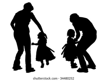 Vector drawing of parents with young children to walk
