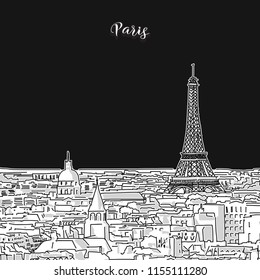 Vector drawing of Paris skyline, outline. France travel landmark. Black and white cover and background concept.
