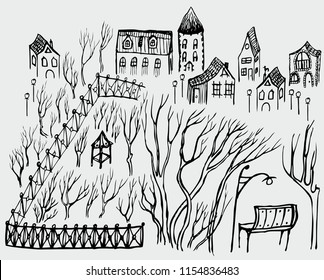 Vector drawing of a park in the old town