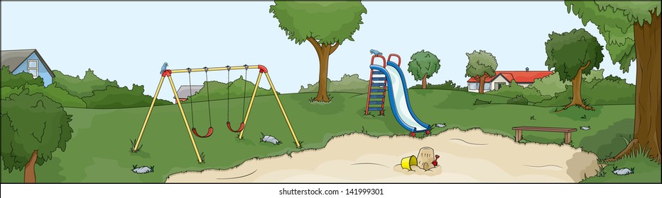 Vector drawing of a Park and playground/ Playground and Park/ Easy to edit vector file, grouped objects and layers, lots of details and objects. No meshes no gradients used