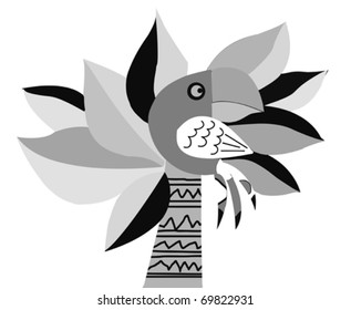 vector drawing of the parrot on palm