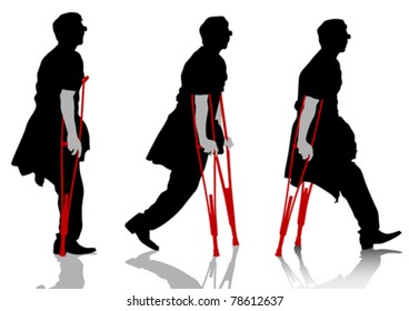 Vector drawing a patient man on crutches