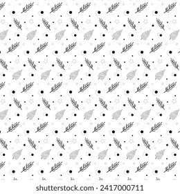 Vector drawing of pattern, background, banner, presentations, wallpaper, doodle style, hand drawn black elements of leaves, branches, stars, circles, background for paper, fabric