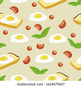 Vector drawing, pattern, delicious crispy slice of bread with a fried egg, mint leaves, a slice of red tomato, cherry tomatoes, black cherry