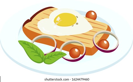 Vector drawing, pattern, delicious crispy slice of bread with a fried egg, mint leaves, a slice of red tomato, cherry tomatoes, black cherry
