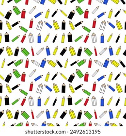 Vector drawing, pattern with school supplies, multicolored pencils. Background created for printing on clothes, notebooks, for backgrounds and textures.