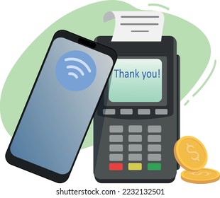 Vector drawing payment application in the phone. The idea of shopping with cashless payment. Payment terminal and smartphone
