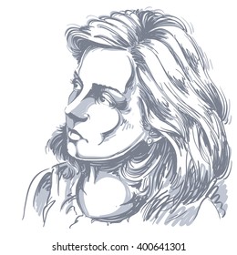 Vector drawing of peaceful woman with stylish haircut. Black and white portrait of attractive calm romantic lady. 