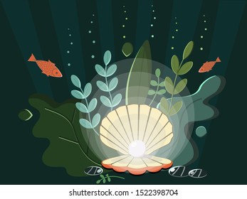 Vector drawing pearls under water. Green algae, fish. Drawing can be used for wallpaper, postcards, posters.