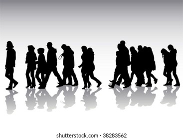 Vector drawing of pedestrians on the street. Silhouettes on white background