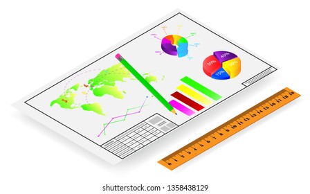 Vector drawing, pencil with a ruler and financial graphs
