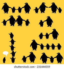 Vector drawing of penguins in various poses and situations