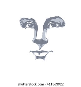 Vector drawing of pensive woman thinking about something. Black and white portrait of attractive still lady with delicate features.