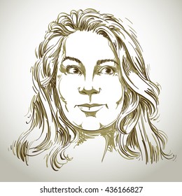 Vector drawing of pensive woman thinking about something. Black and white portrait of attractive still lady. 