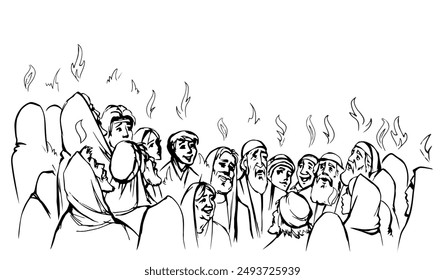 Dibujo de Vector. Día de Pentecostés. Muchas personas se reunieron para orar