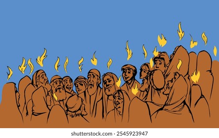 Vector drawing. Pentecost day. Many people came together for praying