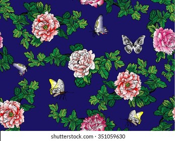 Vector drawing peony and butterfly seamless for background and text