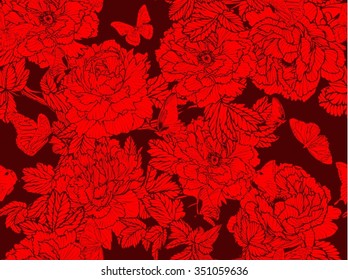 Vector drawing peony and butterfly seamless for background and text