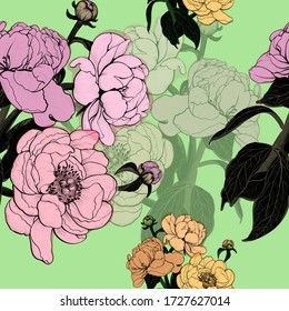 Vector drawing. Peony - flowers, buds and leaves. Seamless pattern. Graphics. Use printed materials, signboards, posters, postcards, packaging.