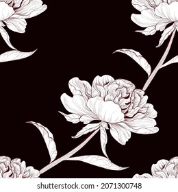 Vector drawing. Peony - flowers, buds and leaves. Seamless pattern. Graphics. Use printed materials, signboards, posters, postcards, packaging.