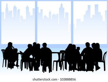 Vector drawing people in cafes. Silhouettes of people in urban life