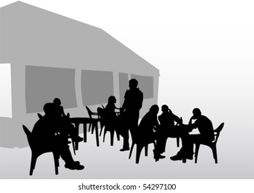 Vector drawing people in cafes. Silhouettes of people in urban life