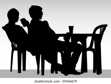 Vector drawing people in cafes. Silhouettes of people in urban life