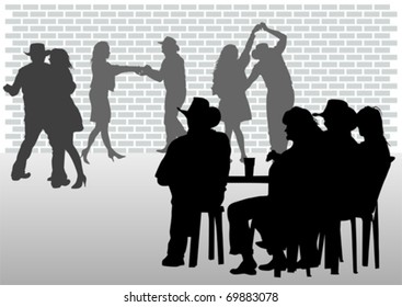 Vector drawing people in cafes. Silhouettes of people in urban life