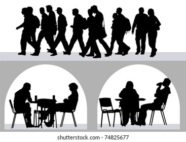 Vector drawing people in cafes. Silhouettes of people in urban life