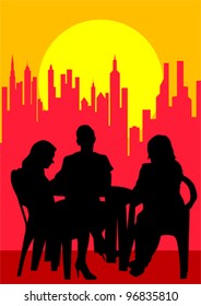 Vector drawing people in cafes. Silhouettes of people in urban life