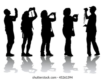 Vector dibujando a la gente con cámaras. Silhouettes sobre fondo blanco