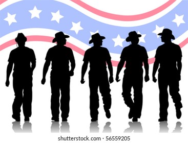 Vector drawing of people in cowboy hats. Silhouettes on white background