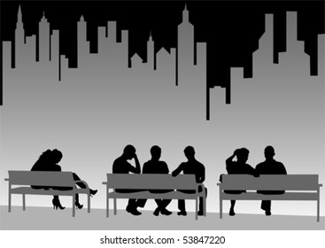 Vector drawing of people on city benches