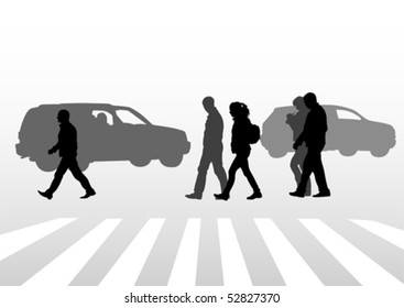Vector drawing of people on street. Silhouettes of peoplÐµ on street
