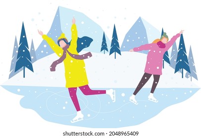Vector drawing of people skating, Happy New Year card design. Winter landscape
